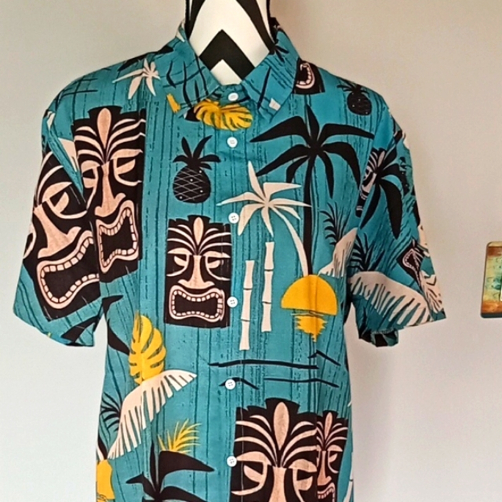 Tropical Teal Tiki Hawaiian Shirt - Picture 2 of 3